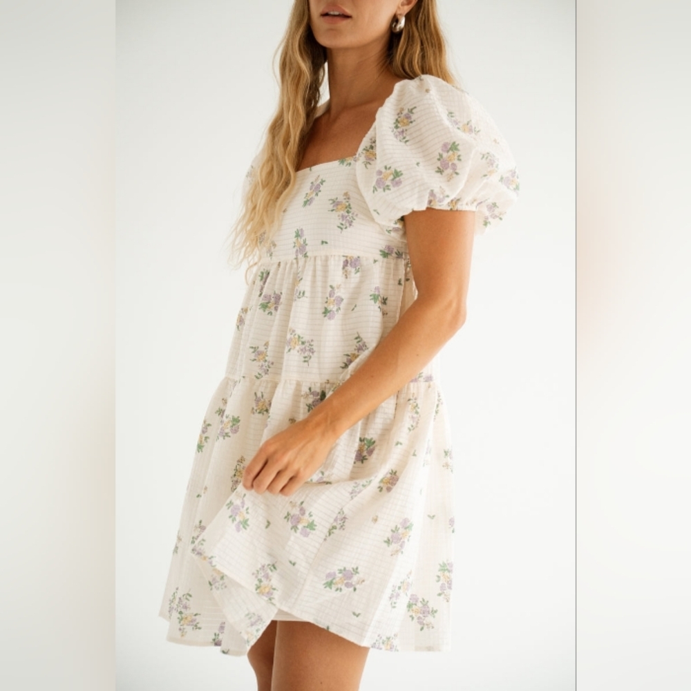 Carly Jean Los Angeles Cream Mini Dress with Lavender Floral Print